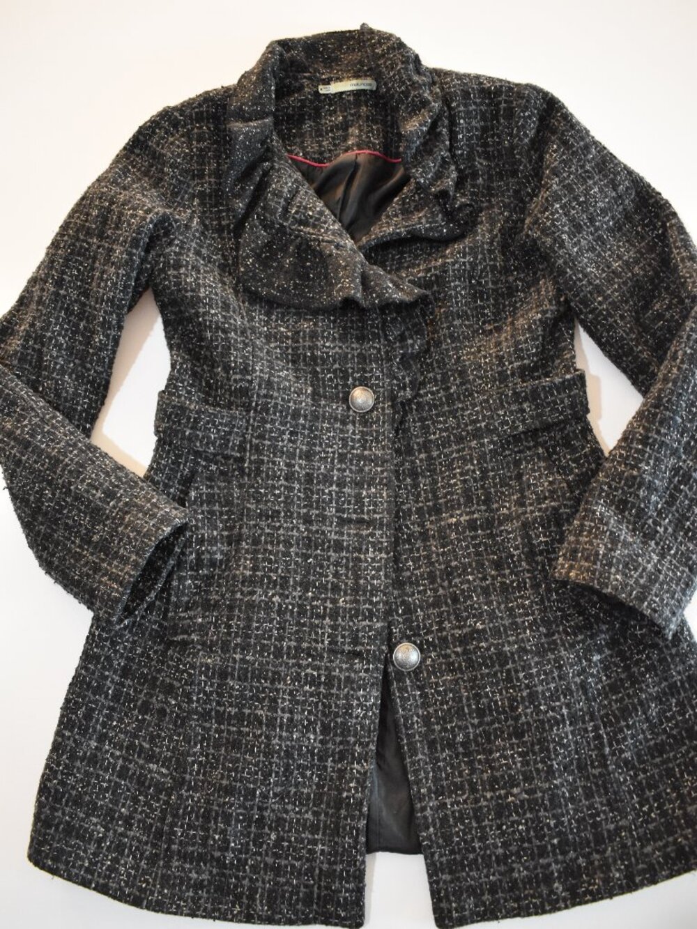 Maurices Black Gray Tweed Coat Women's Medium Ruffle Neck Long Sleeve Jacket